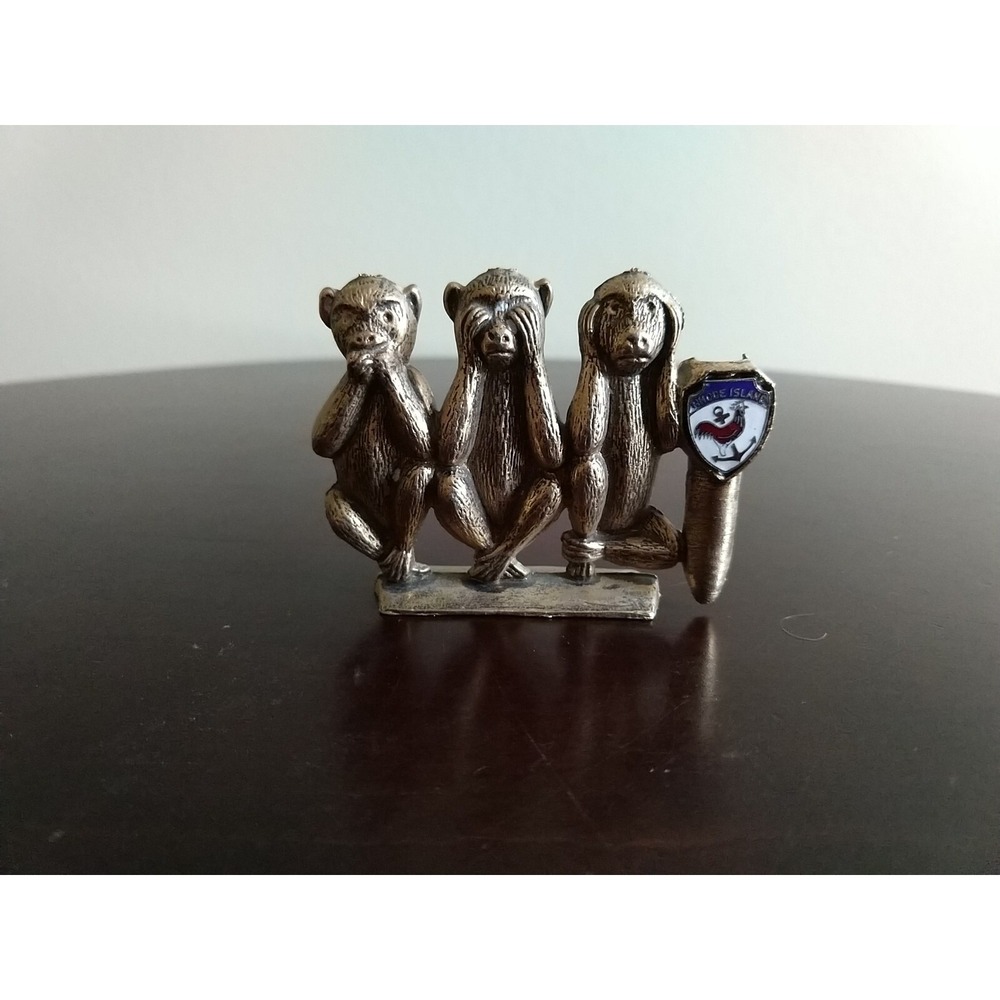 Rare Vintage Three Wise Monkeys Pen Holder See Hear Do Rhode Island Rooster Gold